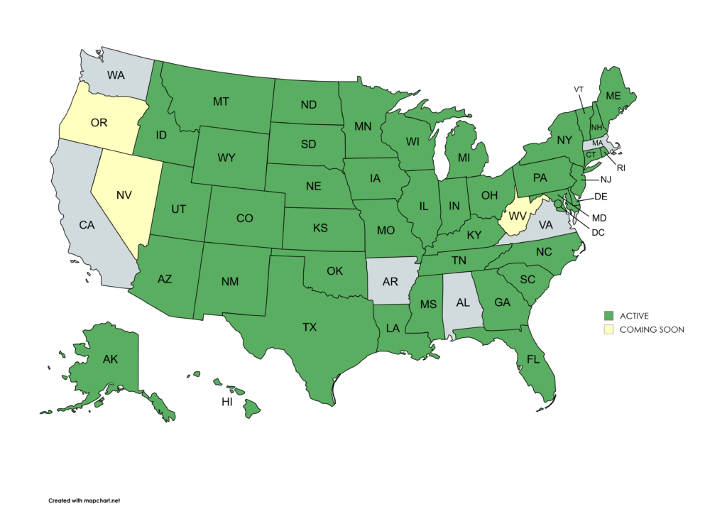 Map of U.S. states where Formulation Compounding Center is licensed